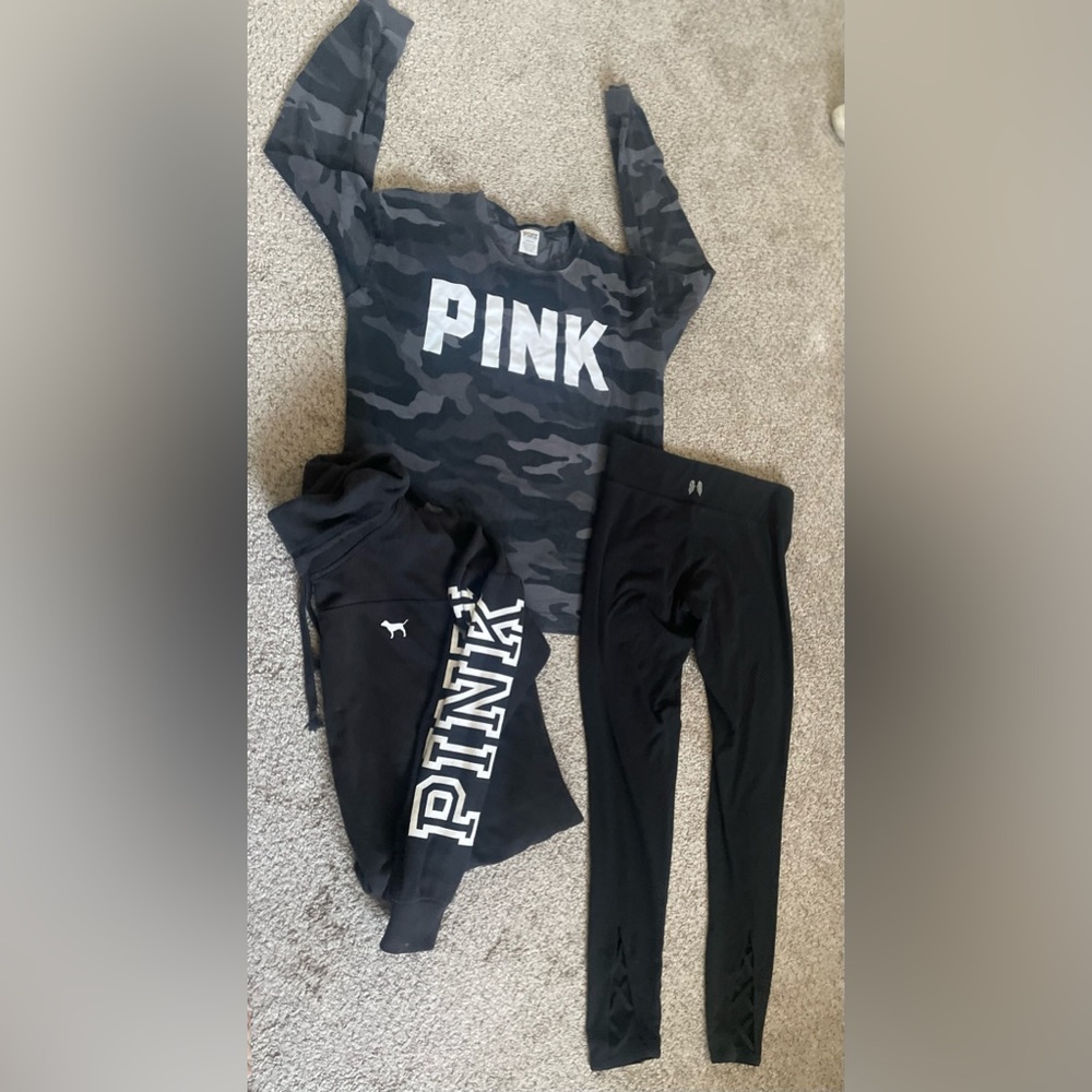 VS PINK LOT OF 3 BLACK CAMO COWL NECK  LEGGINGS w/ANGEL WINGS